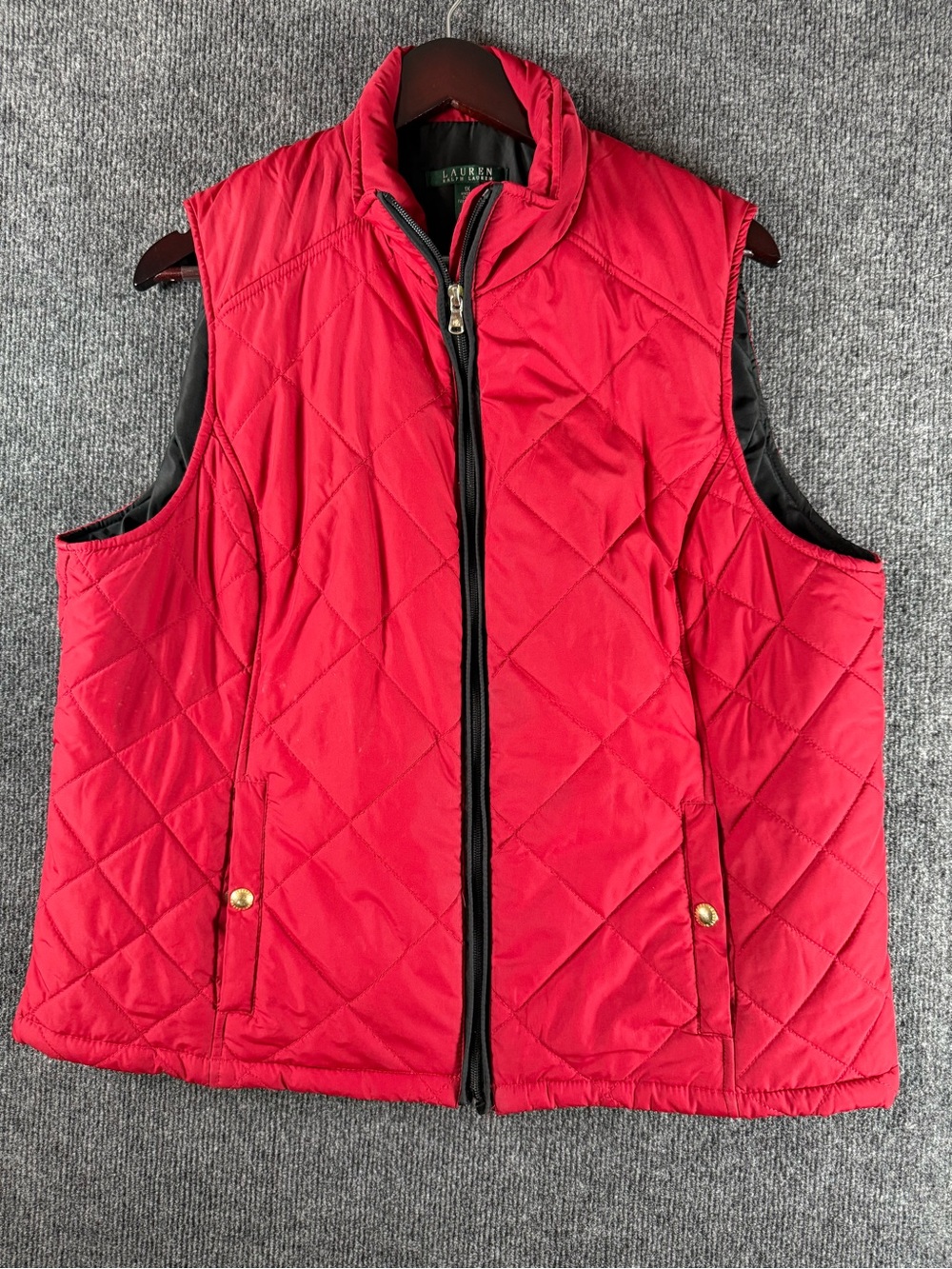 Lauren Ralph Lauren Womens 1X Red Quilted Puffer Vest Full Zip Gold Buttons